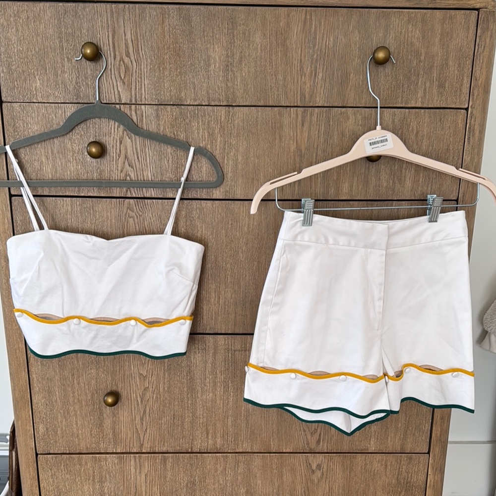 White Crop Top and Shorts Set with Yellow and Green Trim